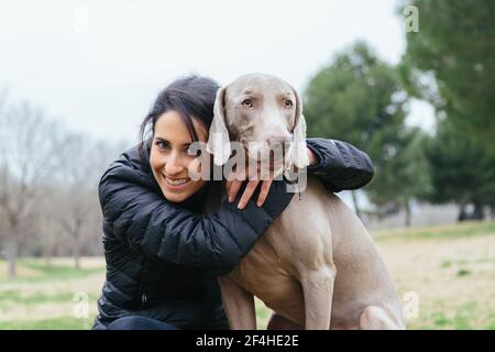 Allegro proprietario femminile abbracciando fedele purebred Weimaraner cane mentre si siede insieme al confine su prato erboso nel parco Foto Stock