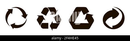 Set di cartelli di riciclaggio neri, icone a freccia isolate su bianco. Riciclaggio dei simboli ambientali. Simbolo di riciclaggio. Illustrazione vettoriale. Illustrazione Vettoriale