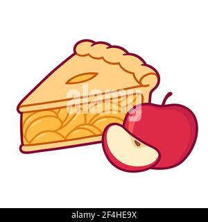 Simpatico disegno di torta di mele cartoni animati. Semplice fetta di torta disegnata a mano con mele rosse. Illustrazione della clip art vettoriale isolata. Illustrazione Vettoriale