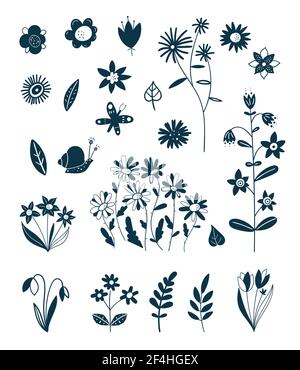 Elementi decorativi di piante primaverili ed estive. Decorazione di Pasqua. Silhouette di fiori. Fiori selvatici. Erba selvatica. Elementi floreali per il tuo design. Illustrazione Vettoriale