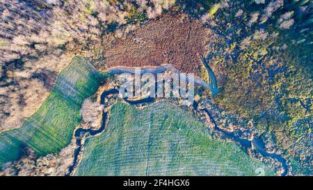 Veduta aerea del drone del torrente tortuoso vicino al villaggio di Kalnica in Bieszczady Mountains, Polonia Foto Stock