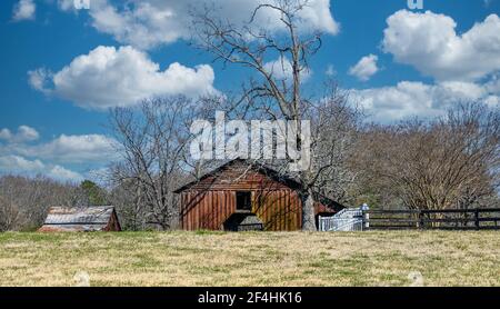 Old Barns in campo invernale Foto Stock