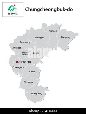 Mappa amministrativa vettoriale della provincia sudcoreana di Chungcheongbuk-do con flag Illustrazione Vettoriale