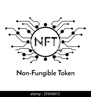 Cartello nero su microchip con testo NFT token non fungibile, banner criptovaluta Illustrazione Vettoriale