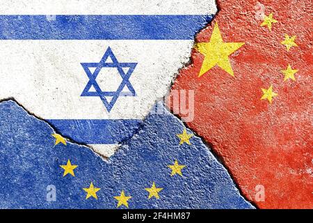 Un'illustrazione che indica il conflitto politico tra Israele-UE-Cina Foto Stock