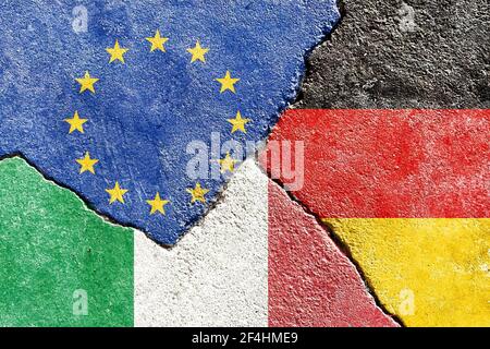 Un'illustrazione che indica il conflitto politico tra UE-Italia-Germania Foto Stock