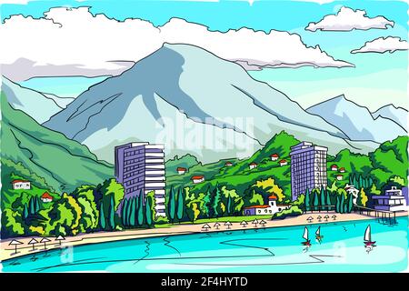 Una località turistica ai piedi delle montagne vicino al mare. Estate, giorno di sole luminoso. Vista dal mare. Illustrazione Vettoriale