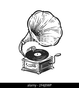 Gramofono musicale d'epoca. Disegnata phonographe antica. Simbolo della musica Illustrazione Vettoriale