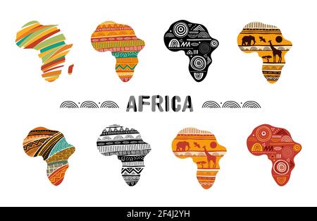 Africa mappa modellata, collezione di logo design. Banner con pattern tribale tradizionale grunge, elementi, concept design Illustrazione Vettoriale