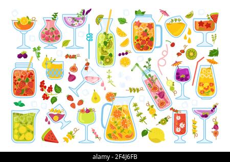 Cocktail tropicali, set di cartone animato estivo. Limonata di fragole e tè, mojito, cocomero e menu di smoothie fresche di arancia. Bevande di vetro, menu dal design piatto disegnato a mano. Illustrazione vettoriale alla moda Illustrazione Vettoriale