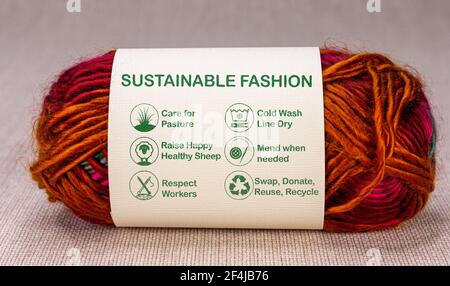etichetta di moda sostenibile su palla di lana con icone di cura e testo, consumismo etico Foto Stock
