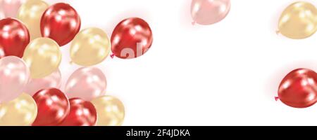 Sfondo festoso con aerostati volanti realistici. Composizione da palline in oro lucido, rosso, rosa con spazio per il testo. Illustrazione vettoriale Illustrazione Vettoriale