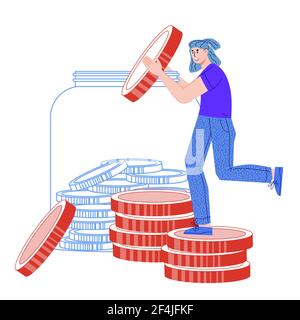 Donna che mette le monete in vaso come concetto di economia di denaro e di risparmio, ricchezza, cartoni animati illustrazione vettoriale isolato su sfondo bianco. Crescita finanziaria Illustrazione Vettoriale