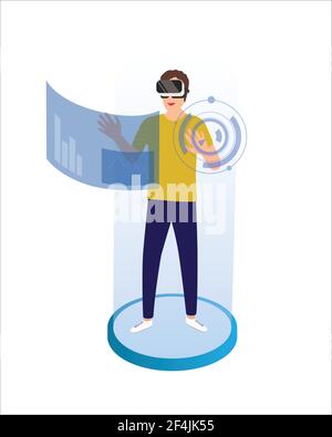 Giovane uomo che indossa occhiali per realtà virtuale sulla piattaforma. Uomo sorridente che usa il visore VR per spostare l'oggetto su sfondo bianco. Illustrazione vettoriale de Illustrazione Vettoriale