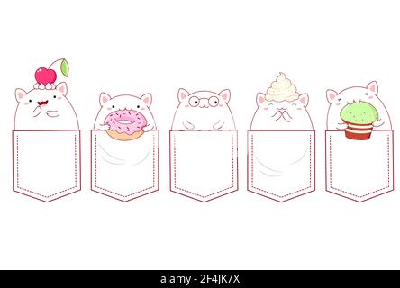 Carino cartoon personaggi Pocket Set. Collezione di gatti kawaii con ciambella, cupcake e ciliegia in tasche. Stampa infantile con simpatico gattino grasso per Illustrazione Vettoriale