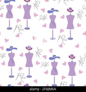 Modello vettoriale a ripetizione senza cuciture con accessori per cucire e manichini, per progetti di tessuti e artigianato, confezione regalo o carta da parati. Editabl ripetuto Illustrazione Vettoriale