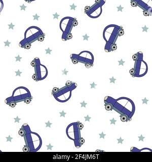 Auto blu e stelle su sfondo bianco. Per tessuti, vestiti per bambini, sfondi, tessuti, carta da imballaggio e altre decorazioni. Modello senza giunture vettoriale Illustrazione Vettoriale
