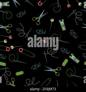Modello di ripetizione vettoriale senza giunture con diversi accessori da cucire, bottoni per tessuti, scrapbooking e progetti artigianali, involucri da regalo o carta da parati. Ripetere Illustrazione Vettoriale