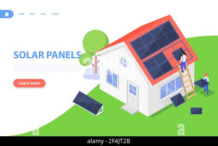 Installazione di pannelli solari da parte di lavoratori sul tetto della casa. Concetto di energia rinnovabile ed ecologica. Illustrazione isometrica vettoriale piatta. Illustrazione Vettoriale