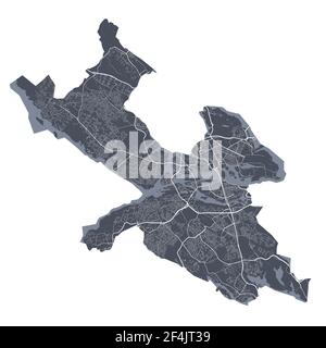 Mappa di Stoccolma. Mappa vettoriale dettagliata dell'area amministrativa della città di Stoccolma. Poster del paesaggio urbano vista aria metropolitana. Terra buia con strade bianche Illustrazione Vettoriale