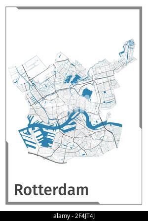 Poster della mappa di Rotterdam, vista dall'alto dell'area amministrativa. Nero, bianco e blu Mappa dettagliata della città di Rotterdam con fiumi e strade. Contorno silh Illustrazione Vettoriale