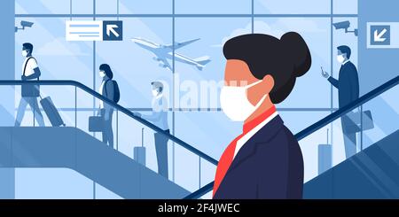 Hostess aereo professionale con maschera facciale all'aeroporto e. passeggeri con bagaglio in background Illustrazione Vettoriale