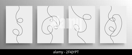 Set di design artistico minimalista nero a linea continua per la decorazione di copertine e poster o pareti, vettoriali. Linee di flusso astratte art. Illustrazione Vettoriale