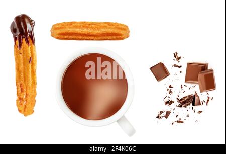 Churro isolato su sfondo bianco. Tradizionale cucina spagnola. Layout creativo con vista dall'alto Churro Pasticceria. Disposizione piatta Foto Stock