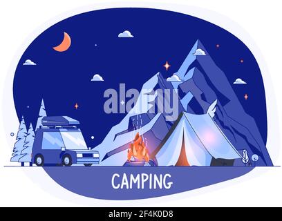 Auto sulle Montagne Rocciose Silhouette, paesaggio notturno. Campeggio con Auto in Flat Design. Summer Camp Place con illustrazione Tourist Tent Vector. Area Parco Nazionale Auto Travel Campground. Illustrazione Vettoriale