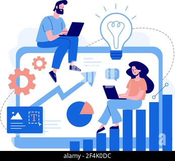 Concetto di ottimizzazione SEO per siti web e siti web mobili. Modello pagina di destinazione. Illustrazione vettoriale, un uomo e una donna stanno lavorando ai portatili. Design moderno e piatto. Illustrazione Vettoriale