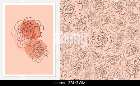 Set di disegni a mano con contorni rose pastello Biege forma semplice e senza cuciture rose modello per la decorazione di pareti, cartolina o copertina brochure Illustrazione Vettoriale