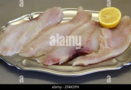 Filetto di pesce crudo e mezzo limone su un piatto di peltro Foto Stock