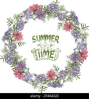 Telaio circolare vettoriale, corona dettagliata di giardino e fiori selvatici isolati su bianco. Logo con due coniglietti e fisarmonica al centro. Illustrazione Vettoriale