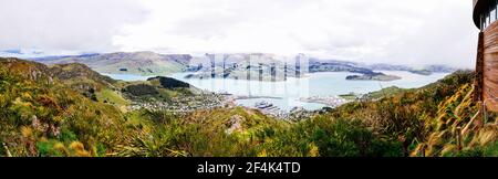 Vista panoramica dal Monte Cavendish si trova nelle Port Hills, con vedute su Christchurch, Nuova Zelanda Foto Stock