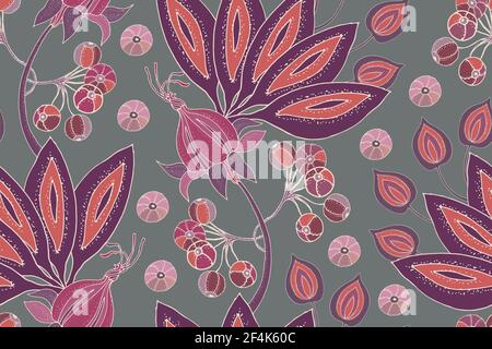 Motivo vettoriale floreale art senza cuciture. Favolosi fiori, frutta e frutti di bosco isolati su sfondo grigio Illustrazione Vettoriale