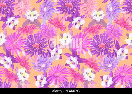 Motivo vettoriale floreale art senza cuciture. Asteroidi rosa, crisantemi, colombina viola e bianca. Fiori da giardino vettoriali isolati su sfondo giallo Illustrazione Vettoriale