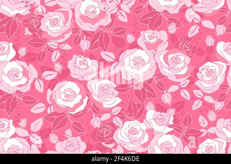 Motivo vettoriale floreale art senza cuciture con rosa. Rose rosa e bianche in mazzi con boccioli e foglie isolate su sfondo rosa Illustrazione Vettoriale