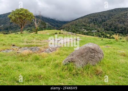 Massi di granito naturali nei pressi della città costiera meridionale del New South Wales Di Moruya dove il granito è stato tagliato per la Sydney Harbour Bridge negli anni '20 Foto Stock