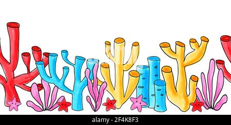 Barriera corallina confine senza giunture. Ripetizione orizzontale con elementi oceanici subacquei coralli spugne stella dipinta. Per i bambini indossare, rivestimento in tessuto Foto Stock
