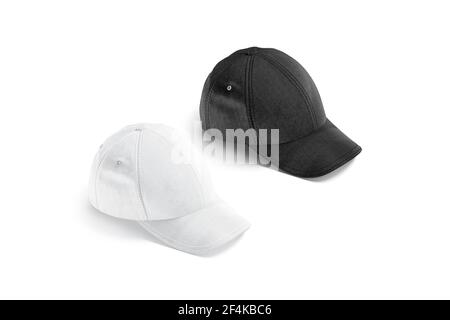 Set di mockup per cappelli da baseball bianchi e neri, vista laterale, rendering 3d. Accessorio sportivo vuoto per la simulazione della testa, isolato. Jeans trasparenti o a scatto in tessuto Foto Stock