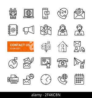 Contattaci Imposta icone. Collezione icone di contorno. Assistenza, supporto, telefono. Illustrazione vettoriale Illustrazione Vettoriale