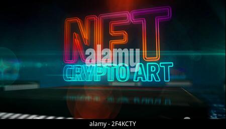 Simbolo NFT Crypto Art. Gettone non fungibile, vendita di oggetti digitali da collezione, transazione informatica e concetto unico di certificato. Illustrazione 3D della tecnologia. Foto Stock