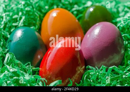 Nido di Pasqua con uova pasquali multicolore. Uova di Pasqua sistemate in un nido, fatte di carta grattugiata verde. Gruppo di uova sode e colorate tinte. Foto Stock