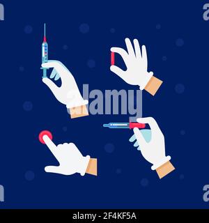 Medico o scienziato mani in guanti di lattice. Mani in guanti sterili contenenti siringa, pillola, pipetta, premendo un pulsante. Medicina, scienza e salute Illustrazione Vettoriale