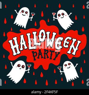 Banner di testo di Halloween party. Lettere manoscritte di ossa su bloodstain. Iscrizione Happy Halloween su sfondo scuro con gocce di sangue rosso e fantasma Illustrazione Vettoriale