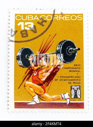 Serie di francobolli antichi sul campionato mondiale di sollevamento pesi del XVII in Cuba 1973 Foto Stock