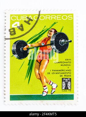 Serie di francobolli antichi sul campionato mondiale di sollevamento pesi del XVII in Cuba 1973 Foto Stock