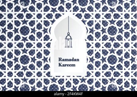 Disegno a mano blu marocchino senza cuciture per biglietti di auguri Ramadan Kareem, sfondi islamici, tessuto, banner web. Portoghese azulejos piastrelle design Illustrazione Vettoriale