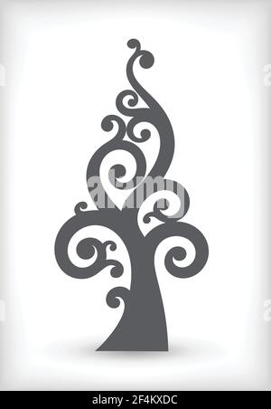 Albero nero con swirl fiorente. Sfondo bianco con effetto vignetta. Silhouette per taglio laser. Oggetto isolato. Illustrazione vettoriale Illustrazione Vettoriale