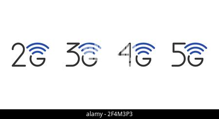 2G 3G 4G 5G connessione di rete con set di simboli aziendali. icone della tecnologia internet wireless di 5th e inferiori. Simbolo di comunicazione vettoriale blu modello disegno illustrazione isolata Illustrazione Vettoriale